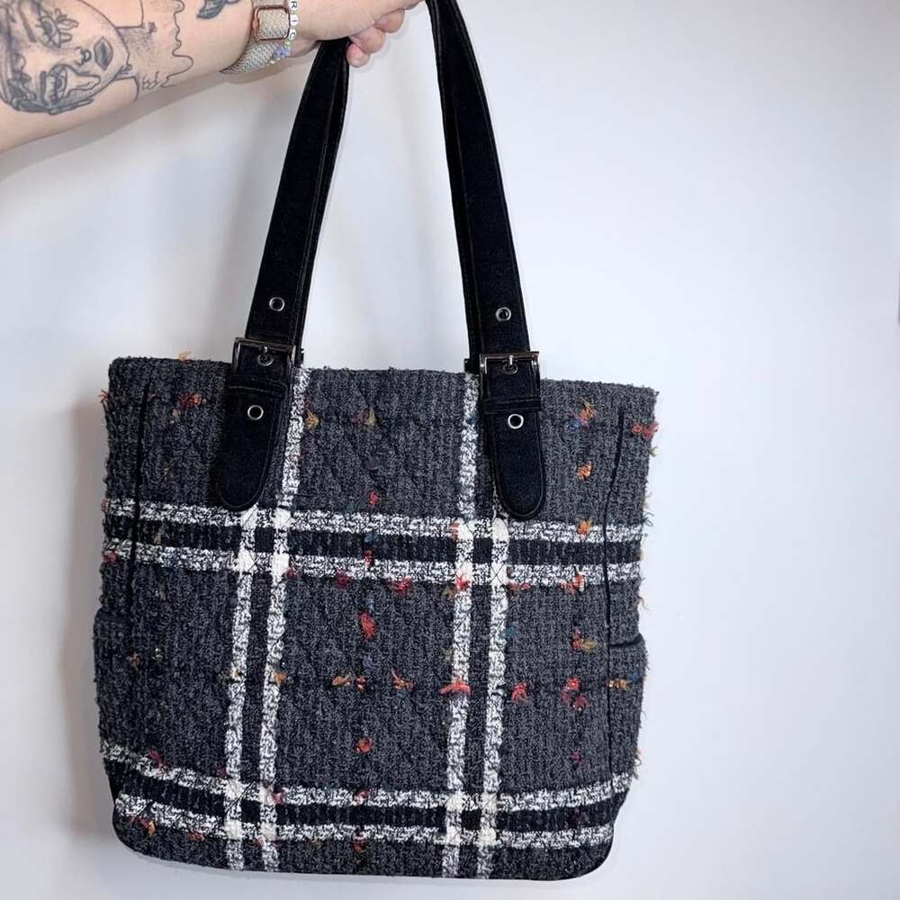Vera Bradley Tweed Plaid Tote Bag Black White Suede Trim